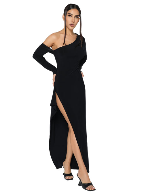 Midnight glamour asymmetric sleeve dress